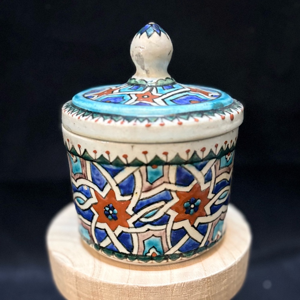 Vintage Moroccan Safi Ceramic Lidded Ginger Jar - Geometric Star Pattern